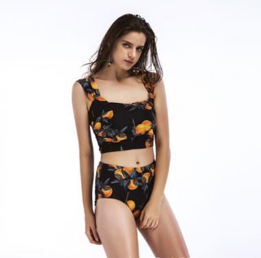 Floral printing two pieces ladies swimwear high waist bottom OEM service