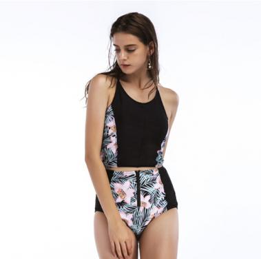 Ladies swimsuit two-pieces high waist bottom printed with back cross beachwear