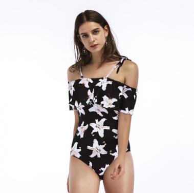 Ladies floral printing ruffle tiered one-piece swimsuit beachwear OEM service-black