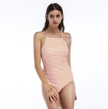Ladies one piece swimwear striped printed high neck swimsuit OEM service-orange