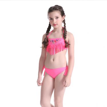Kids swimwear girls bikini set with tassels OEM service-pink