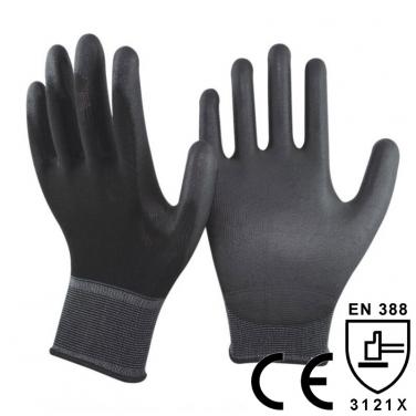 Black Polyester liner Coating PU Palm Glove- PU1350P-BLK